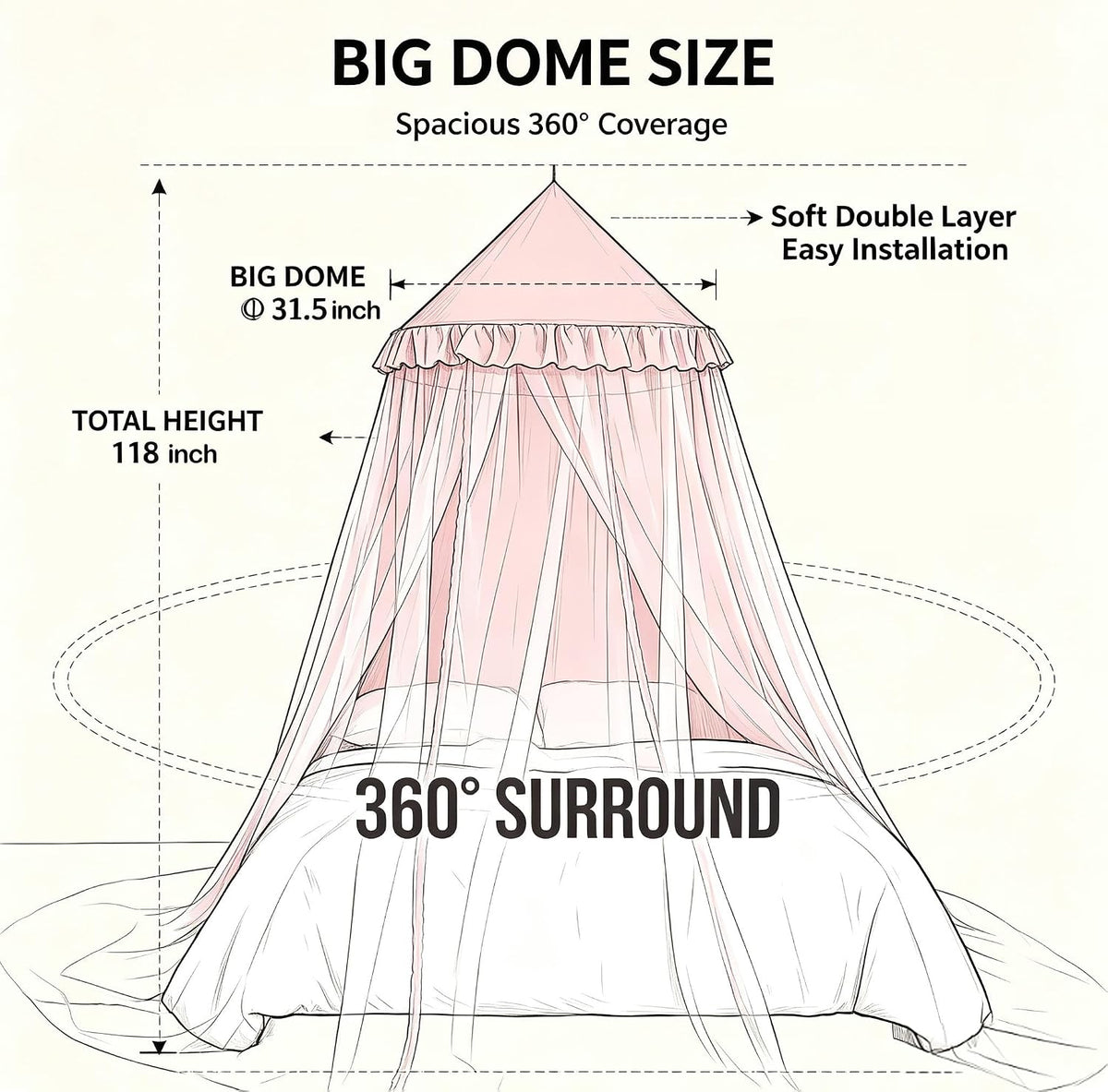 Kertnic Princess Bed Canopy for Girls, Double Layer Round Bed Mosquito Net, 31.5" Large Dome Indoor Castle Bed Tent, Sleeping & Reading Nook Curtain for Boys Girls (Beige Pink)