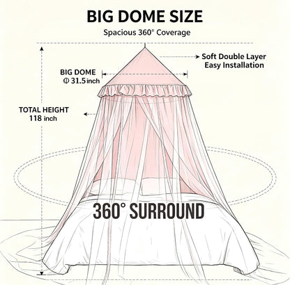 Kertnic Princess Bed Canopy for Girls, Double Layer Round Bed Mosquito Net, 31.5" Large Dome Indoor Castle Bed Tent, Sleeping & Reading Nook Curtain for Boys Girls (Beige Pink)