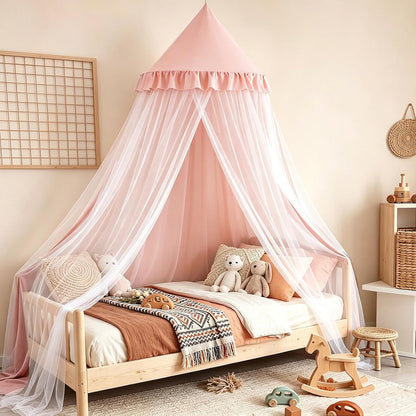 Kertnic Princess Bed Canopy for Girls, Double Layer Round Bed Mosquito Net, 31.5" Large Dome Indoor Castle Bed Tent, Sleeping & Reading Nook Curtain for Boys Girls (Beige Pink)
