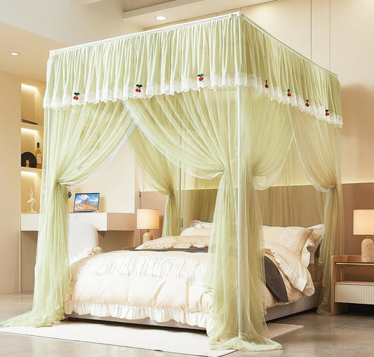 Bed Canopy,Canopy Bed Curtains Cherry Print Bed Drapes Mosquito Net for Girls Adults Bedroom Decoration(Sage Green,Queen)