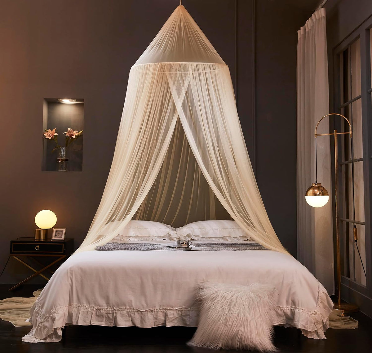 Mengersi Bed Canopy Mosquito Net for Bed,Canopy Bed Curtains for Twin Full Queen King Size Bed,Dome Mosquito Netting for Indoor Outdoor,Kid and Adult Beds-Ivory
