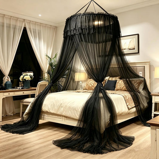 Bed Canopy Mosquito Net for Bed,Princess Canopy Bed Curtains Sheer Mesh Dome Canopies-Round Lace Mosquito Net Tent for Twin Full Queen King(Black)