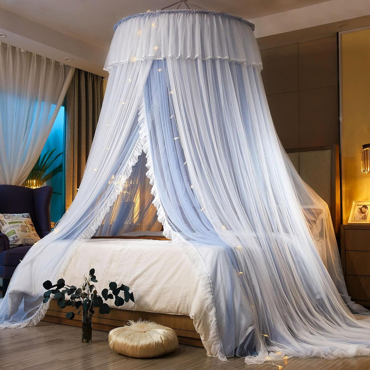 AIKASY Princess Bed Canopy for Girls & Adults, Elegant Double-Layer Bed Curtain, Children's Dream Round Lace Mosquito Net, Princess Canopy Net - Fits Twin, Full, Queen, and King Beds (Light Gray)