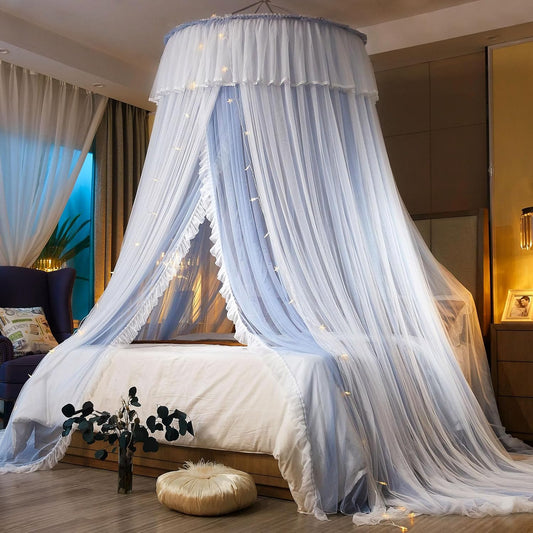 AIKASY Princess Bed Canopy for Girls & Adults, Elegant Double-Layer Bed Curtain, Children's Dream Round Lace Mosquito Net, Princess Canopy Net - Fits Twin, Full, Queen, and King Beds (Light Gray)