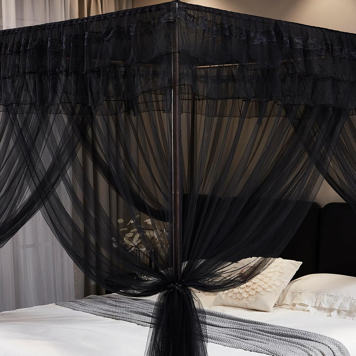 Kertnic Black Canopy Bed Curtains for Girls & Adults, Queen King Bed Canopy Drapes Netting, Practical Mosquito Net for Bed (Black, King- 86" W*78" L*82" H)