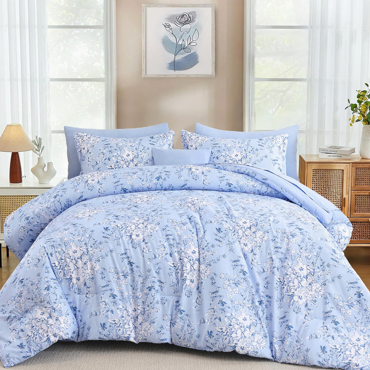 WONGS BEDDING Queen Size Comforter Set, 8 Pieces Pink Floral Bed in a Bag Comferter Sets, Botanical Print Soft Fluffy Microfiber Complete Bedding Sets for All Season (90"x90")