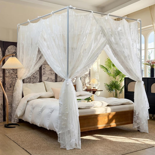 AIKASY Bed Canopy Mosquito Net for 4 Corner Post Beds, Twin Size Lace Bed Curtain with Hanging Ribbons and Floral Embroidery, Sheer Netting for Girls and Adults/White