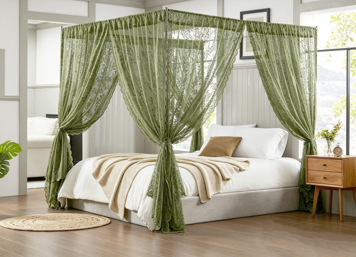 Warm Home Designs Linen Lace Canopy Bed Curtains with Tie-Backs. LC Linen