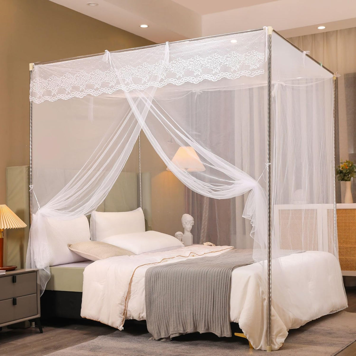 White Mosquito Net Tent for Bed，One Side Opening Canopy Netting Curtain Net for Bedroom Decoration for Full Size（Without Bed Frame）
