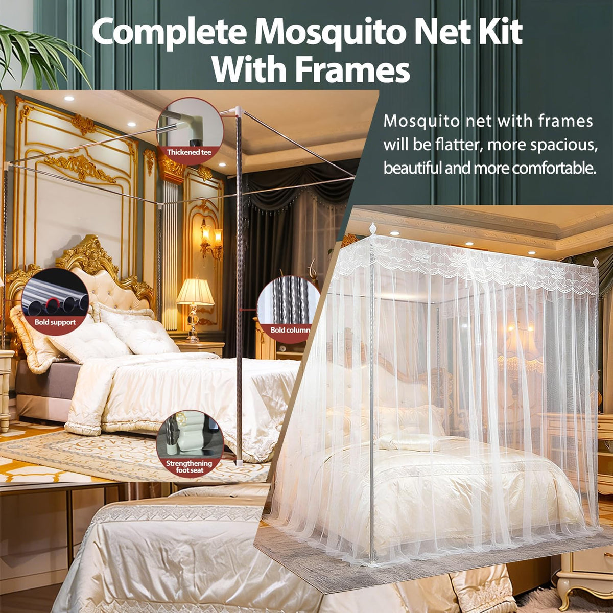 3‑Side Opening Mosquito Net Canopy with Frame, Lace Breathable Bed Curtain