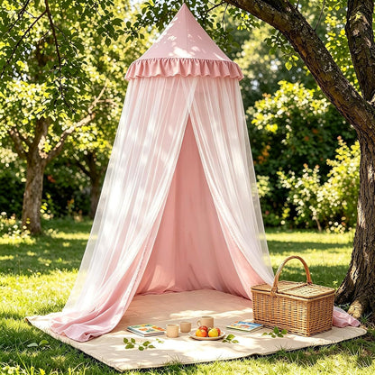 Kertnic Princess Bed Canopy for Girls, Double Layer Round Bed Mosquito Net, 31.5" Large Dome Indoor Castle Bed Tent, Sleeping & Reading Nook Curtain for Boys Girls (Beige Pink)