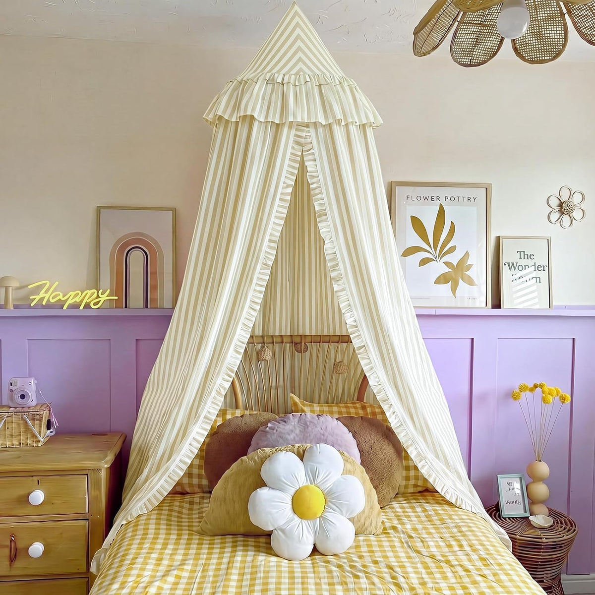 SmoothNovelty Oatmeal Striped Bed Canopy with Ruffles