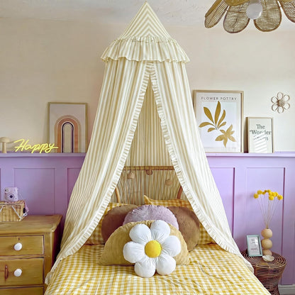 SmoothNovelty Oatmeal Striped Bed Canopy with Ruffles