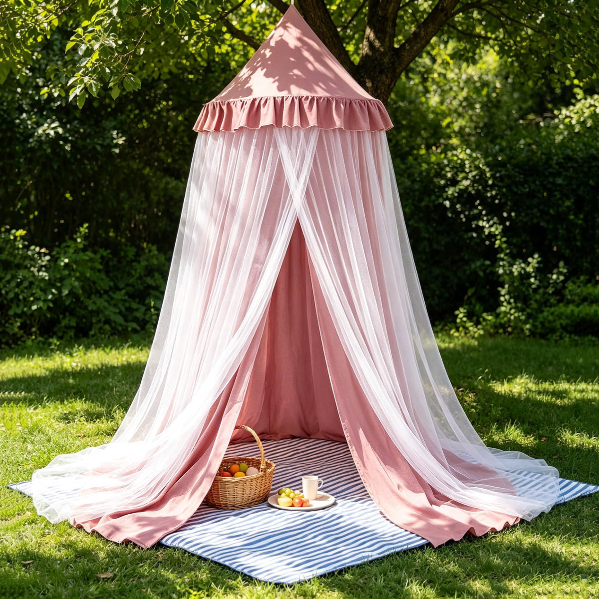 Kertnic Princess Bed Canopy for Girls, Double Layer Round Bed Mosquito Net, 31.5" Large Dome Indoor Castle Bed Tent, Sleeping & Reading Nook Curtain for Boys Girls (Beige Pink)