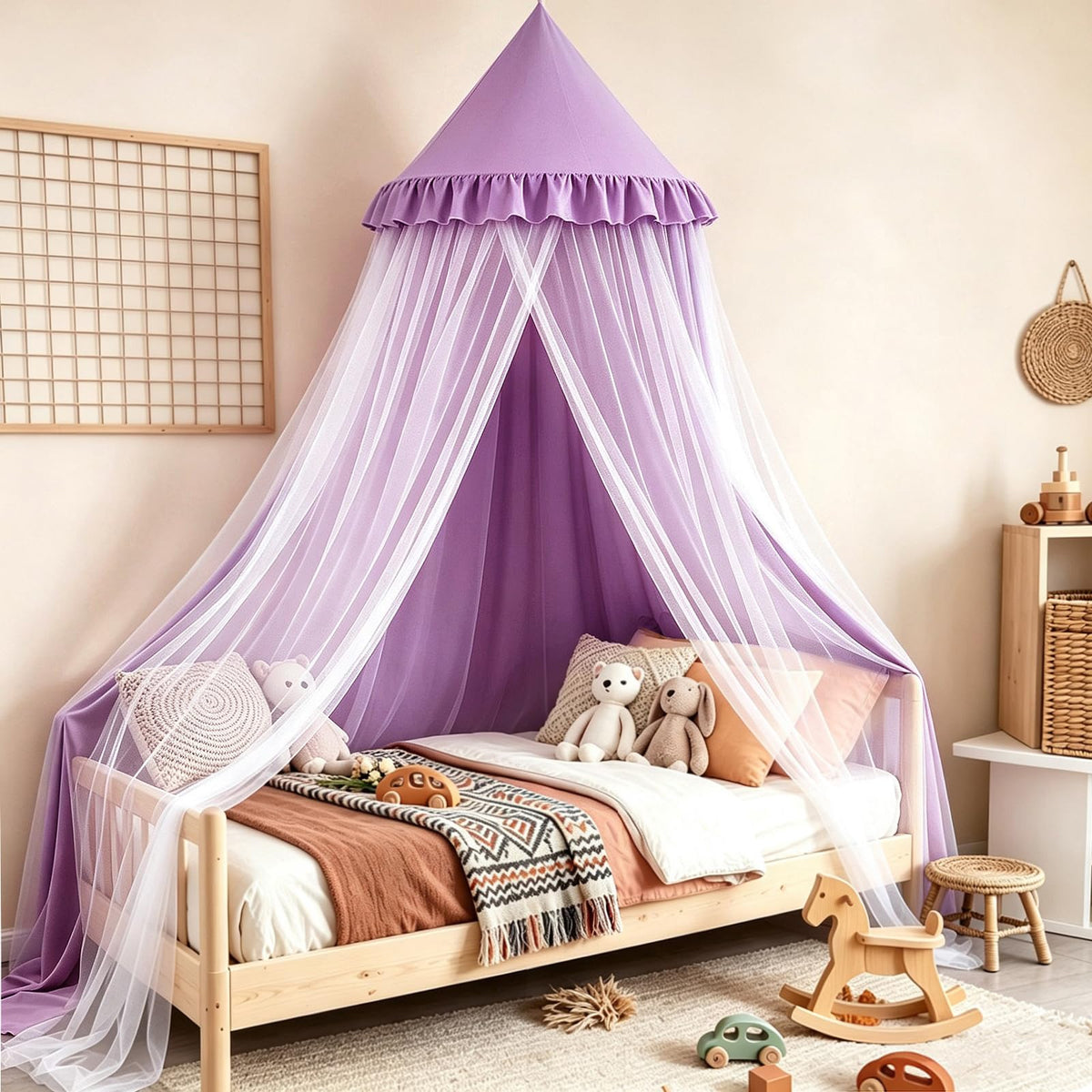 Kertnic Princess Bed Canopy for Girls, Double Layer Round Bed Mosquito Net, 31.5" Large Dome Indoor Castle Bed Tent, Sleeping & Reading Nook Curtain for Boys Girls (Beige Pink)