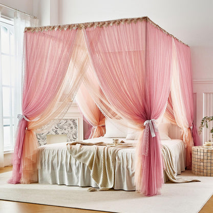 AIKASY Double Layer Canopy Bed Curtains with Mosquito Net, Princess Style Sheer Bed Canopy with Tiebacks, 4 Corner Bed Curtains for Girls Bedroom Decoration (White,Queen)