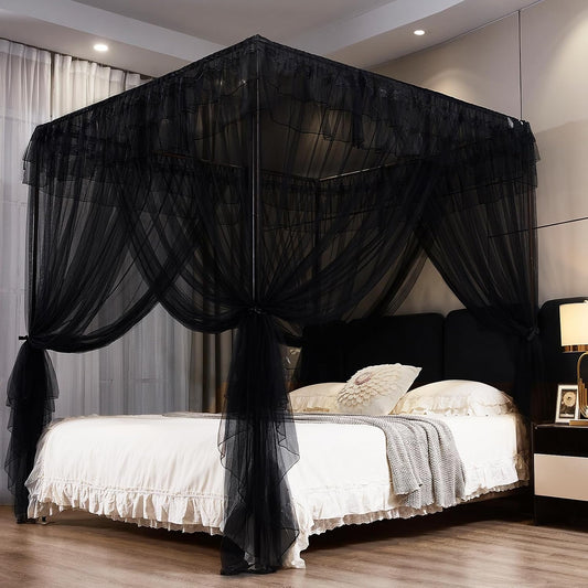 Kertnic Black Canopy Bed Curtains for Girls & Adults, Queen King Bed Canopy Drapes Netting, Practical Mosquito Net for Bed (Black, Queen- 64" W*78" L*82"*H)