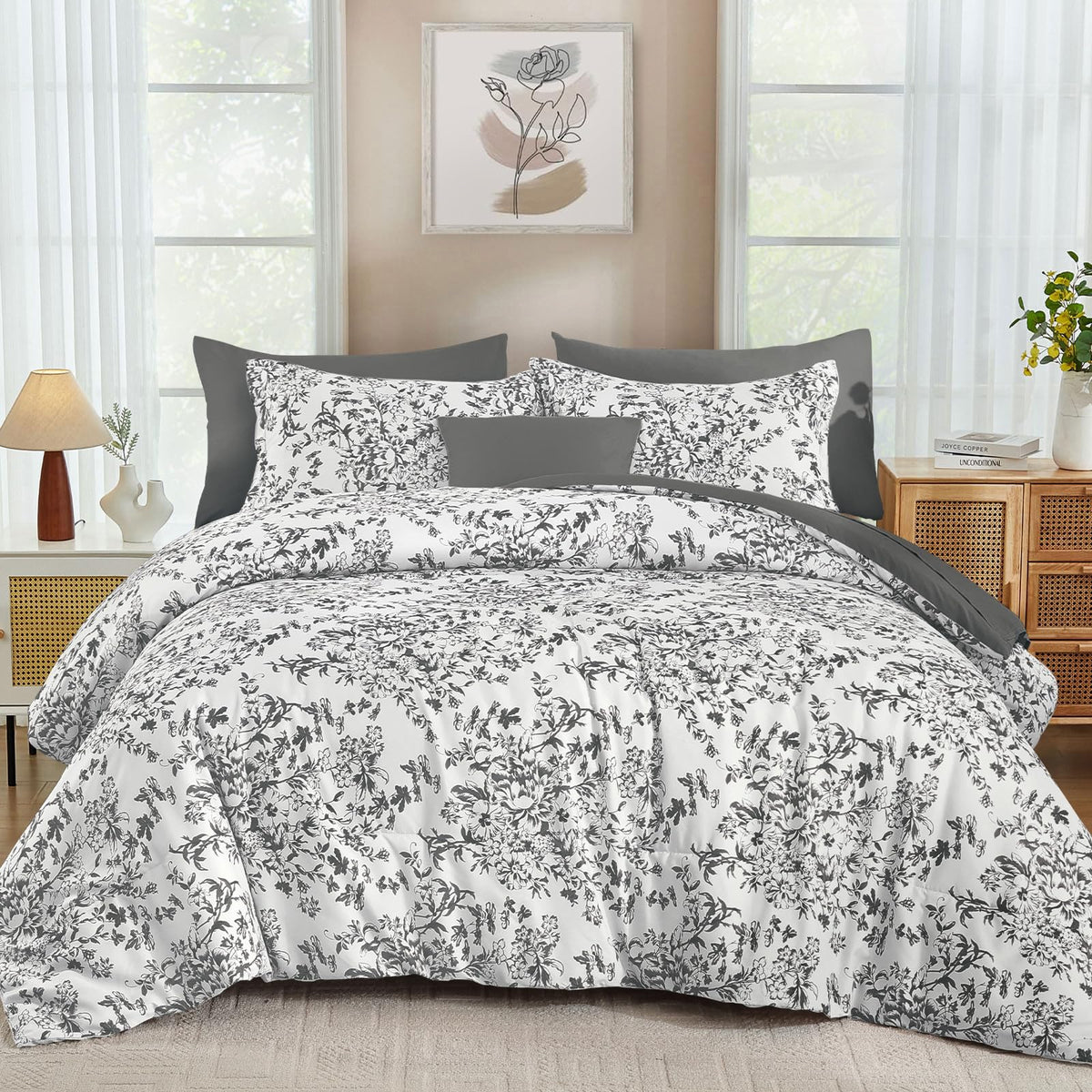 WONGS BEDDING Queen Size Comforter Set, 8 Pieces Pink Floral Bed in a Bag Comferter Sets, Botanical Print Soft Fluffy Microfiber Complete Bedding Sets for All Season (90"x90")