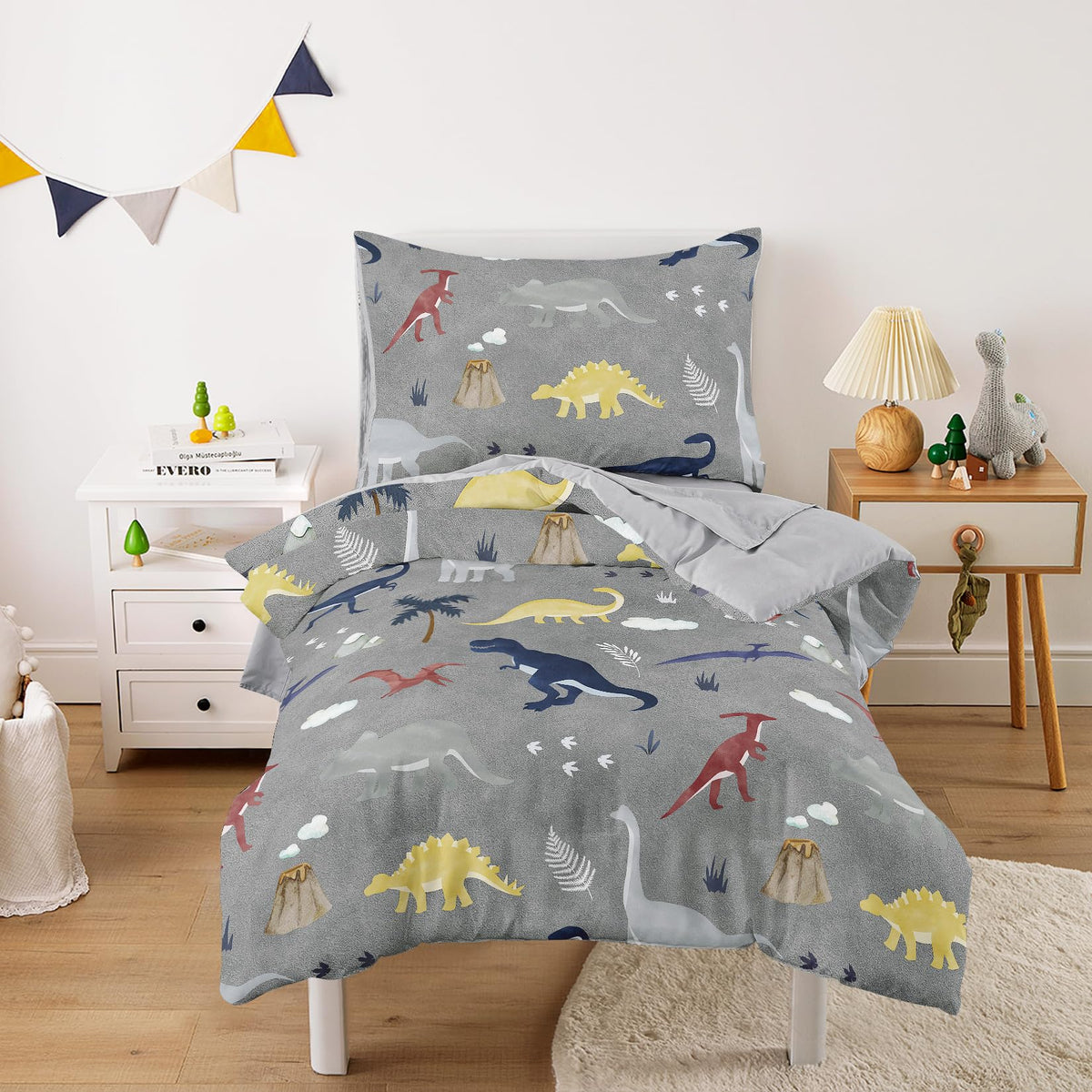 Wake In Cloud - Toddler Bedding Set for Boys, Colorful Jurassic Dinosaur Volcano, 4 Pieces Soft Crib Bed Set Including Comforter, Sheets and Pillowcase, Light Blue