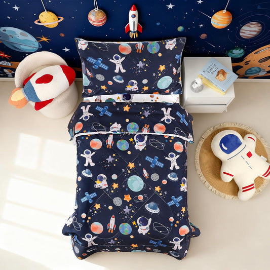 4 Piece Toddler Bedding Set, Ultra Soft and Breathable Cartoon Space Toddler Comforter Sets for Boys Includes Quilted Comforter, Fitted Sheet, Flat Sheet and Pillowcase