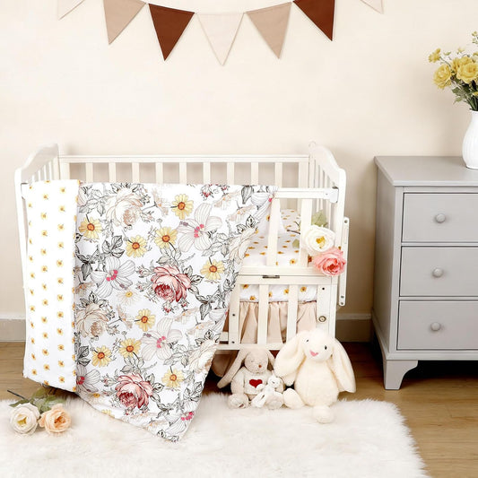 4-Piece Crib Bedding Set for Girls, Boho Baby Girl Bedding Set with Crib Skirt, Baby Quilt, Crib Sheet and Diaper Stacker, Flower