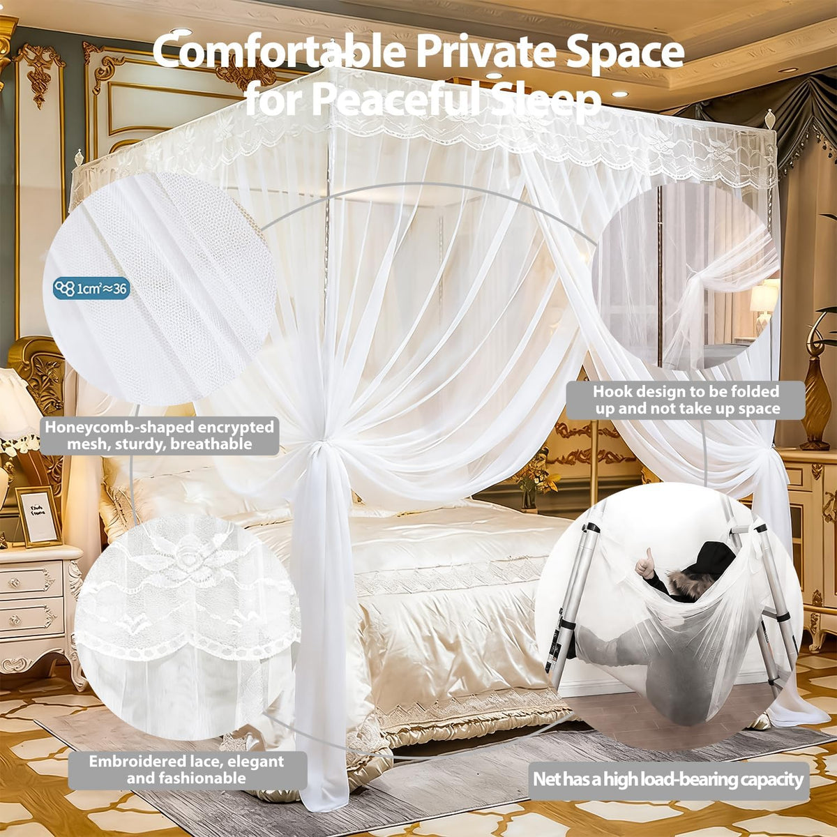 3‑Side Opening Mosquito Net Canopy with Frame, Lace Breathable Bed Curtain