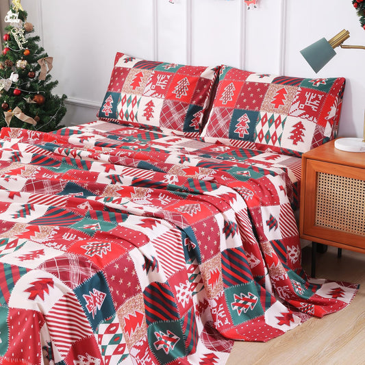 Vaulia Christmas Sheets Queen, 4 Pieces Bedding Set, Red Green Plaid Tree