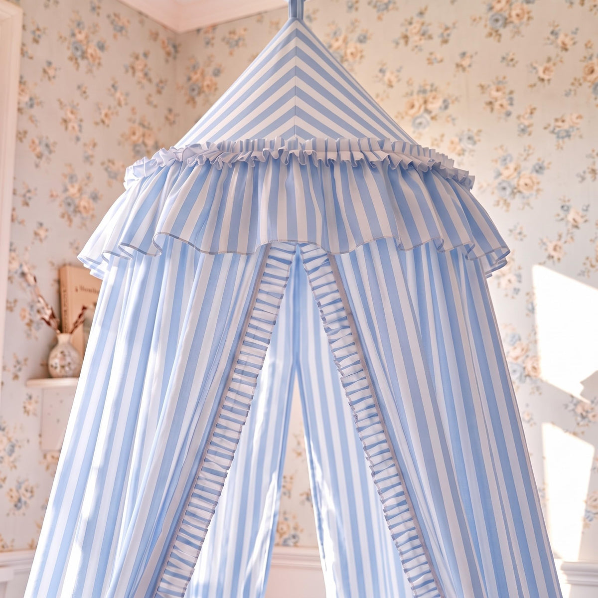 SmoothNovelty Oatmeal Striped Bed Canopy with Ruffles