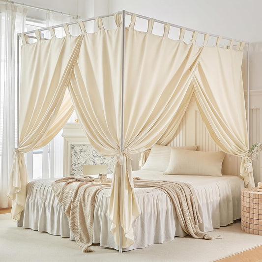 AIKASY White Canopy Bed Curtains with Top Ties and Tie Backs for Bedroom Decoration (Twin, Camel)