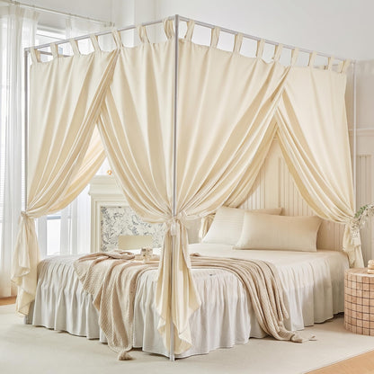 AIKASY White Canopy Bed Curtains with Top Ties and Tie Backs for Bedroom Decoration (Twin, Camel)