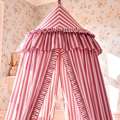 SmoothNovelty Oatmeal Striped Bed Canopy with Ruffles