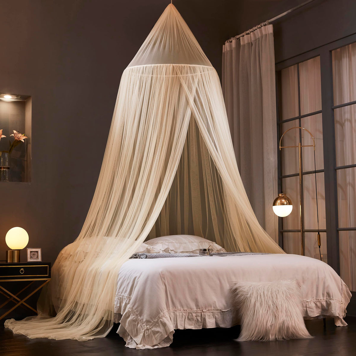 Mengersi Bed Canopy Mosquito Net for Bed,Canopy Bed Curtains for Twin Full Queen King Size Bed,Dome Mosquito Netting for Indoor Outdoor,Kid and Adult Beds-Ivory