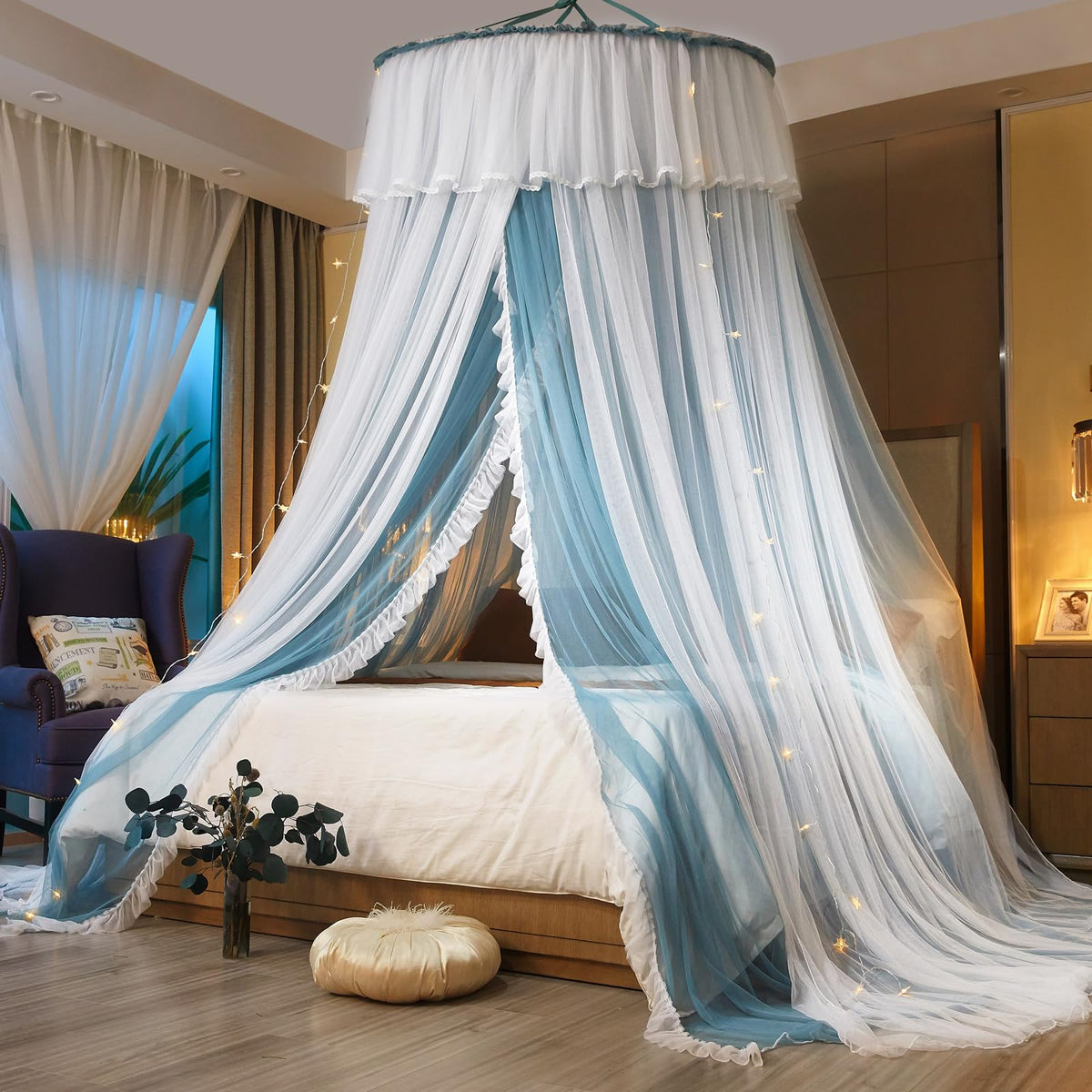 AIKASY Princess Bed Canopy for Girls & Adults, Elegant Double-Layer Bed Curtain, Children's Dream Round Lace Mosquito Net, Princess Canopy Net - Fits Twin, Full, Queen, and King Beds (Light Gray)