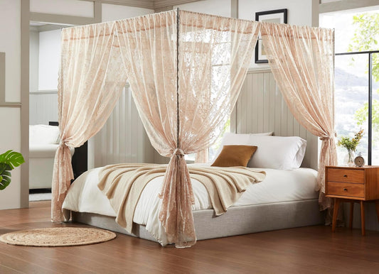 Warm Home Designs Linen Lace Canopy Bed Curtains with Tie-Backs. LC Linen