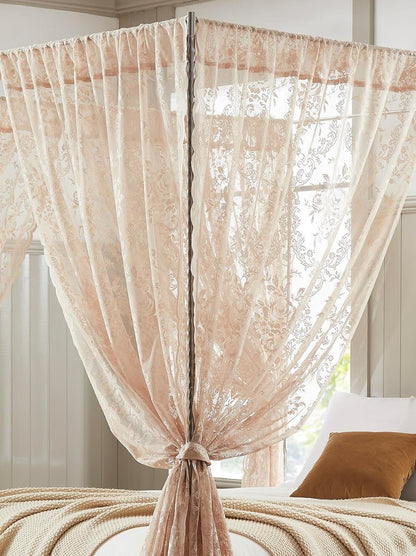 Warm Home Designs Linen Lace Canopy Bed Curtains with Tie-Backs. LC Linen