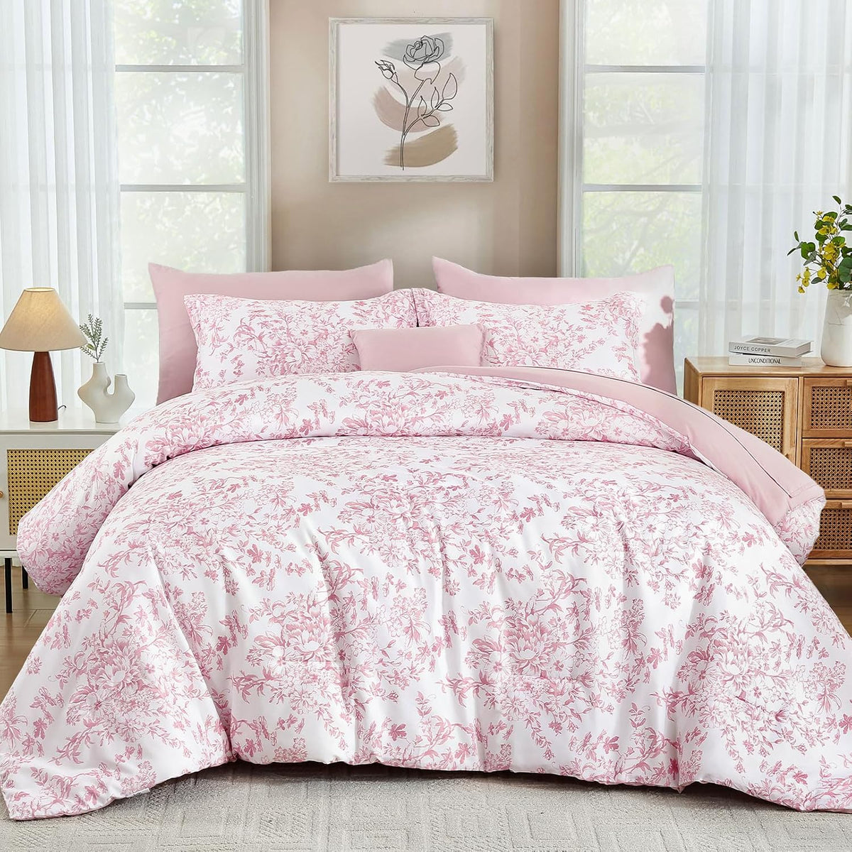 WONGS BEDDING Queen Size Comforter Set, 8 Pieces Pink Floral Bed in a Bag Comferter Sets, Botanical Print Soft Fluffy Microfiber Complete Bedding Sets for All Season (90"x90")