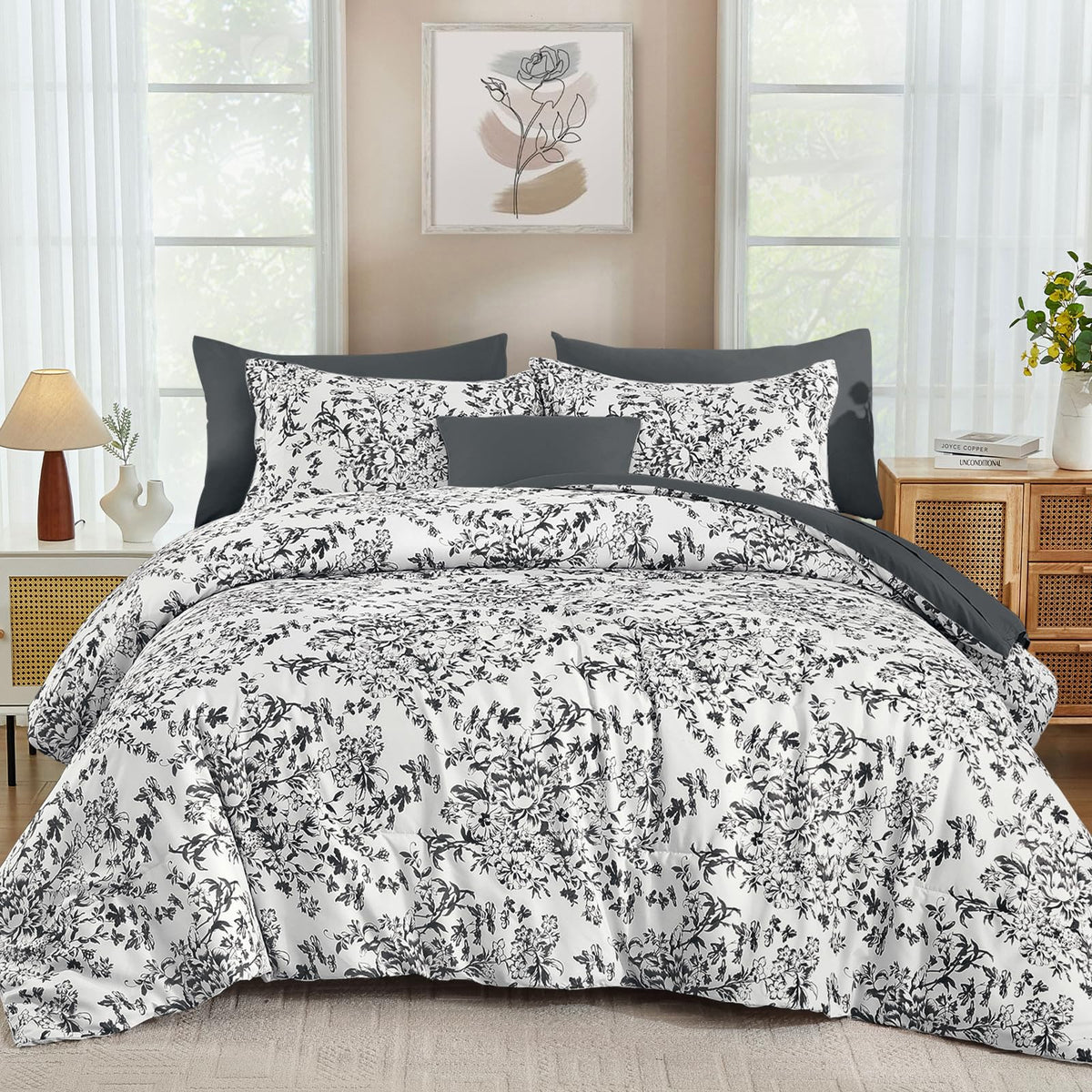 WONGS BEDDING Queen Size Comforter Set, 8 Pieces Pink Floral Bed in a Bag Comferter Sets, Botanical Print Soft Fluffy Microfiber Complete Bedding Sets for All Season (90"x90")