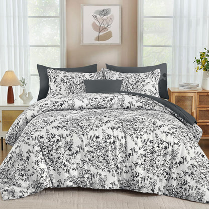 WONGS BEDDING Queen Size Comforter Set, 8 Pieces Pink Floral Bed in a Bag Comferter Sets, Botanical Print Soft Fluffy Microfiber Complete Bedding Sets for All Season (90"x90")