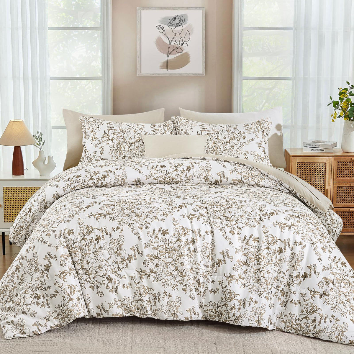 WONGS BEDDING Queen Size Comforter Set, 8 Pieces Pink Floral Bed in a Bag Comferter Sets, Botanical Print Soft Fluffy Microfiber Complete Bedding Sets for All Season (90"x90")