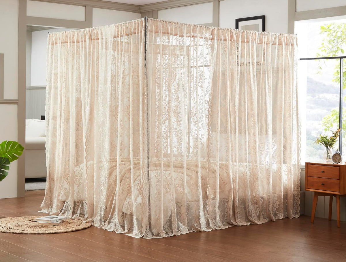 Warm Home Designs Linen Lace Canopy Bed Curtains with Tie-Backs. LC Linen