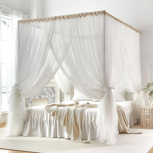 AIKASY Double Layer Canopy Bed Curtains with Mosquito Net, Princess Style Sheer Bed Canopy with Tiebacks, 4 Corner Bed Curtains for Girls Bedroom Decoration (White,Queen)