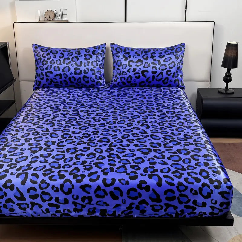 2/3-Piece Leopard Print Satin Bedding Set – Soft Breathable Fitted Sheet & Pillowcases, Deep Pocket, All-Season Comfort for Home Hotel style Bedroom Decor
