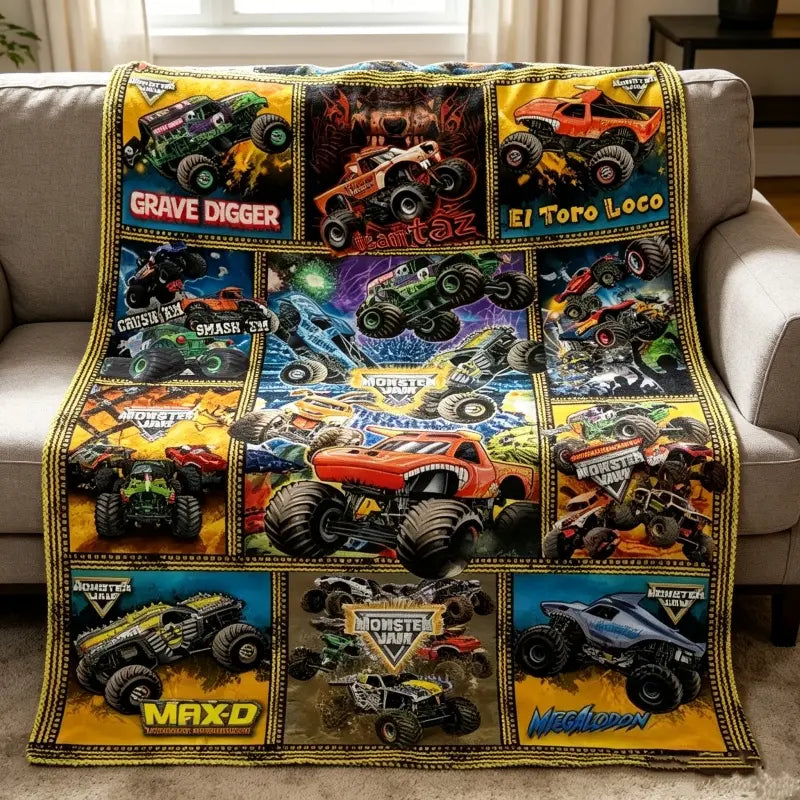 Monster Jam Monster Trucks Flannel Throw Blanket, Grave Digger Max-D Megalodon El Toro Loco All Over Print Soft Fleece Blanket For Boys Bedroom Sofa Couch Kids Gift