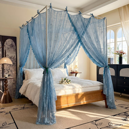 AIKASY Bed Canopy Mosquito Net for 4 Corner Post Beds, Twin Size Lace Bed Curtain with Hanging Ribbons and Floral Embroidery, Sheer Netting for Girls and Adults/White