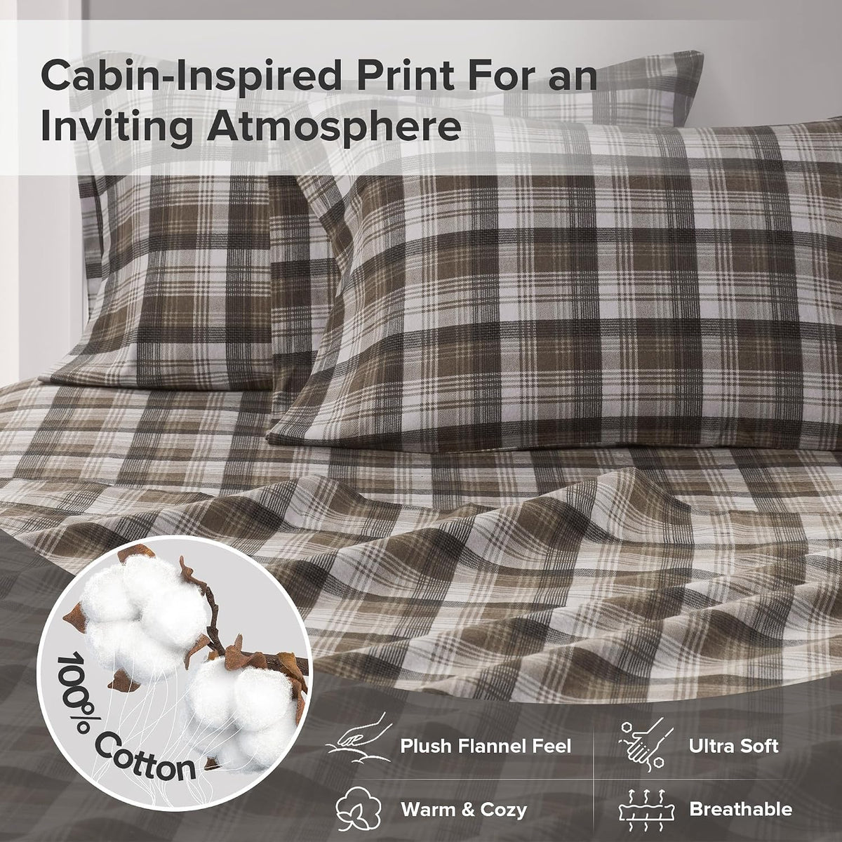 Woolrich Cotton Sheet Set Cottage Charms Print, 100% Cotton Flannel Sheets Warm & Fuzzy Bedding Set Queen Size Sheets, Fitted Pocket Fits Up to 14" Mattress, Queen Brown Plaid, 4 Piece