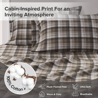 Woolrich Cotton Sheet Set Cottage Charms Print, 100% Cotton Flannel Sheets Warm & Fuzzy Bedding Set Queen Size Sheets, Fitted Pocket Fits Up to 14" Mattress, Queen Brown Plaid, 4 Piece