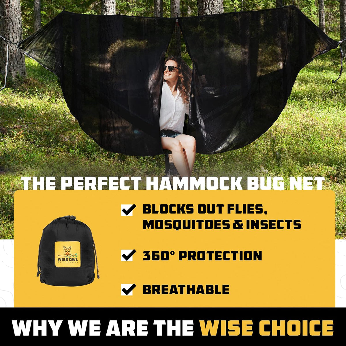Wise Owl Outfitters Hammock Bug Net – Mosquito Net for Hammock, Lightweight Bug Netting for Camping, Hiking, Backpacking, Forest & Outdoor Use