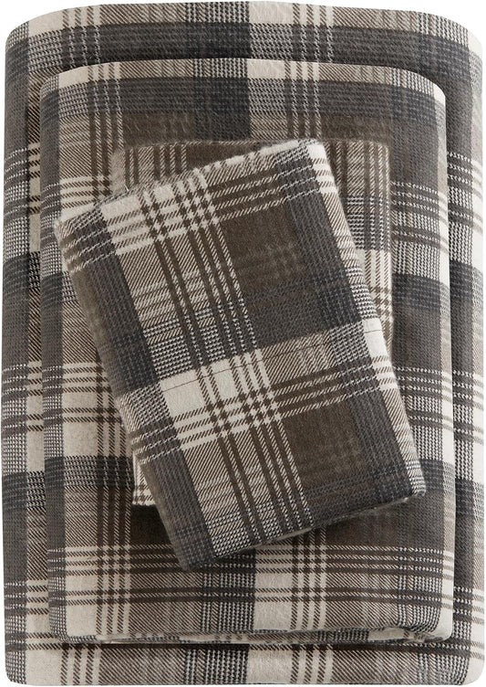 Woolrich Cotton Sheet Set Cottage Charms Print, 100% Cotton Flannel Sheets Warm & Fuzzy Bedding Set Queen Size Sheets, Fitted Pocket Fits Up to 14" Mattress, Queen Brown Plaid, 4 Piece