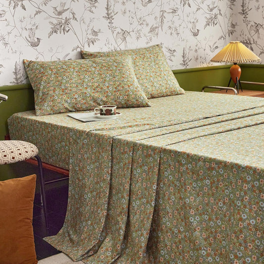 Wake In Cloud - Floral Bed Sheets, 4-Piece Sheet Set, Shabby Chic Flower Pattern Printed Country Coquette Cottage Aesthetic Bedding, Deep Pocket, Olive Green, King Size