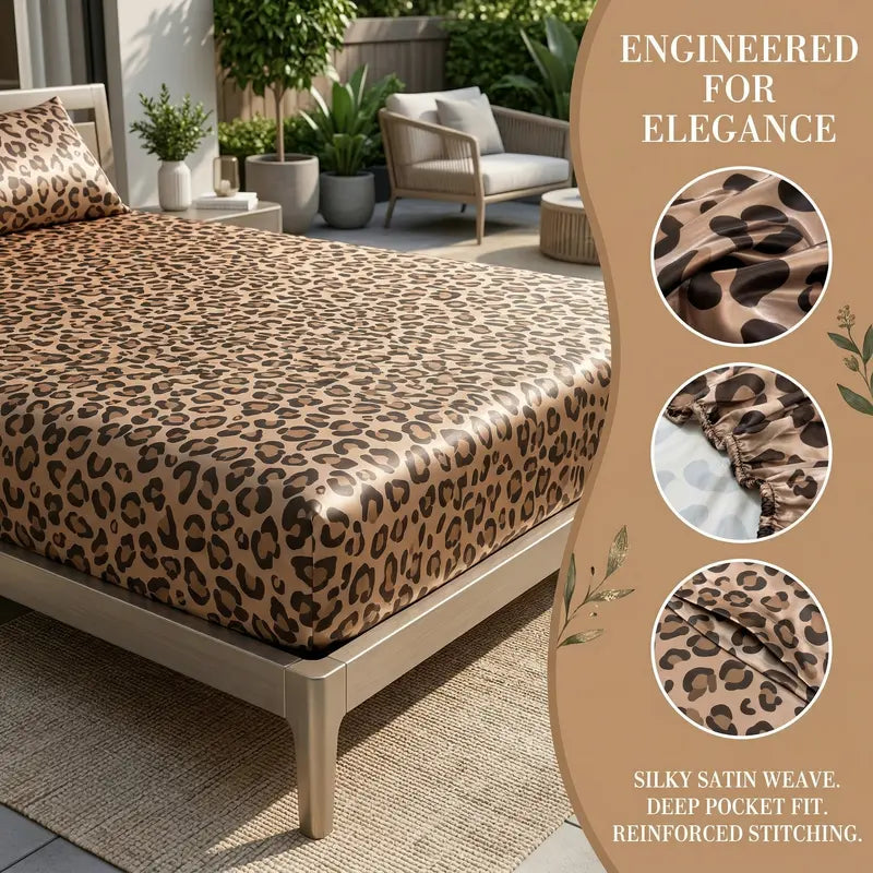 2/3-Piece Leopard Print Satin Bedding Set – Soft Breathable Fitted Sheet & Pillowcases, Deep Pocket, All-Season Comfort for Home Hotel style Bedroom Decor